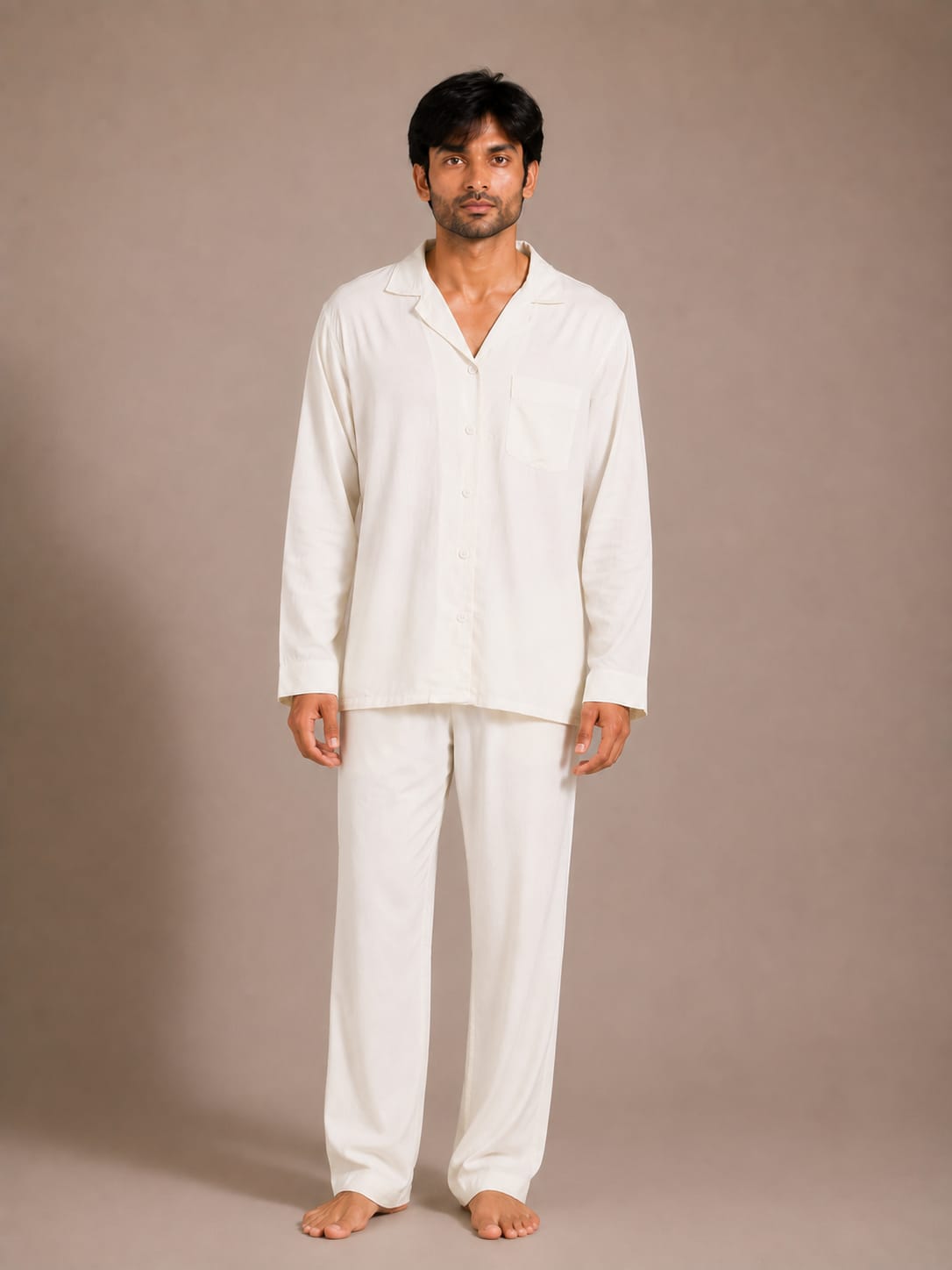 Ivory Breeze Luxury Linen Men’s Night Suit – Solid Off-White Cuban Collar Loungewear Shirt Set