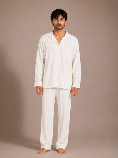 Ivory Breeze Luxury Linen Men’s Night Suit – Solid Off-White Cuban Collar Loungewear Shirt Set