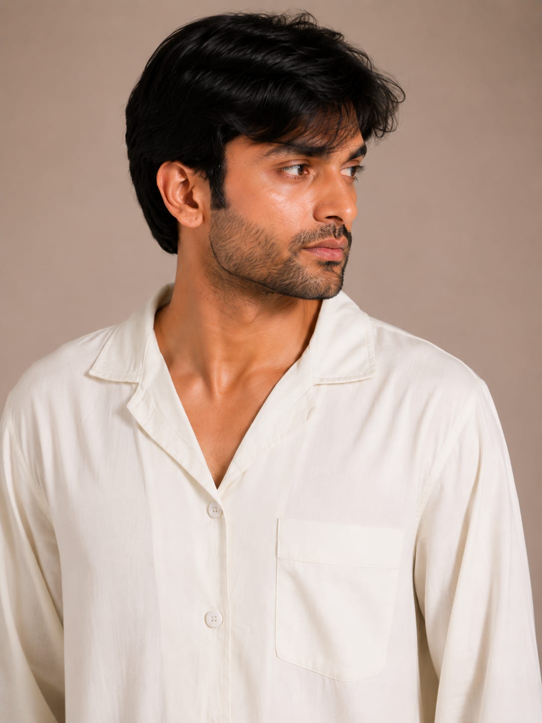 Ivory Breeze Luxury Linen Men’s Night Suit – Solid Off-White Cuban Collar Loungewear Shirt Set