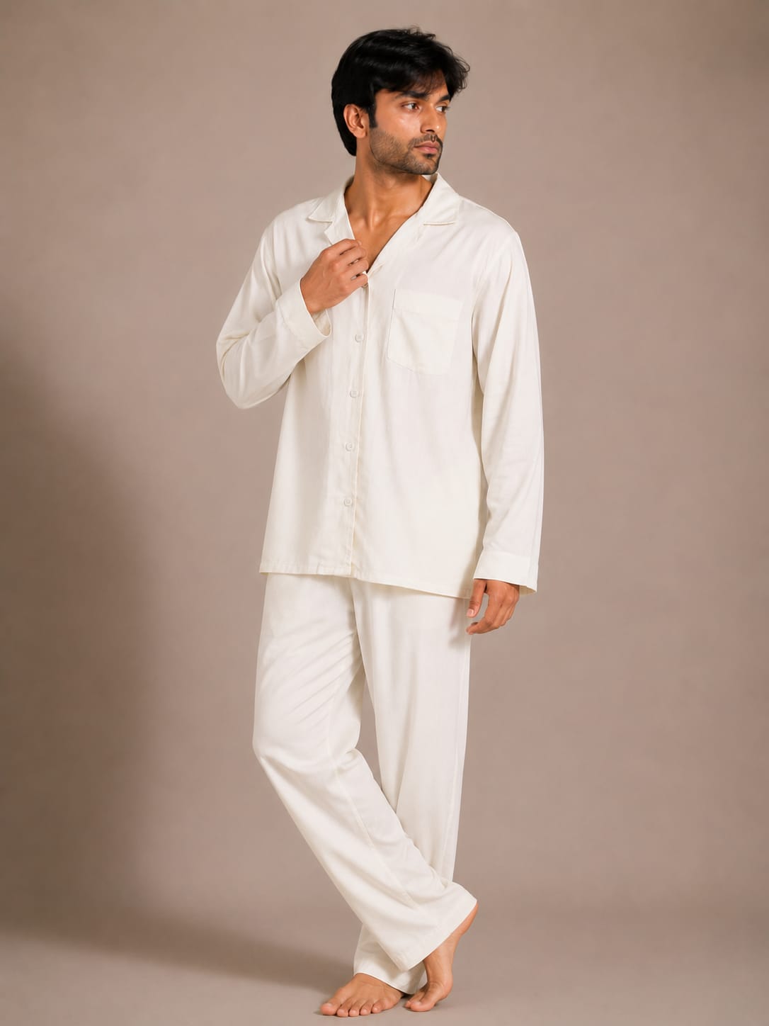 Ivory Breeze Luxury Linen Men’s Night Suit – Solid Off-White Cuban Collar Loungewear Shirt Set