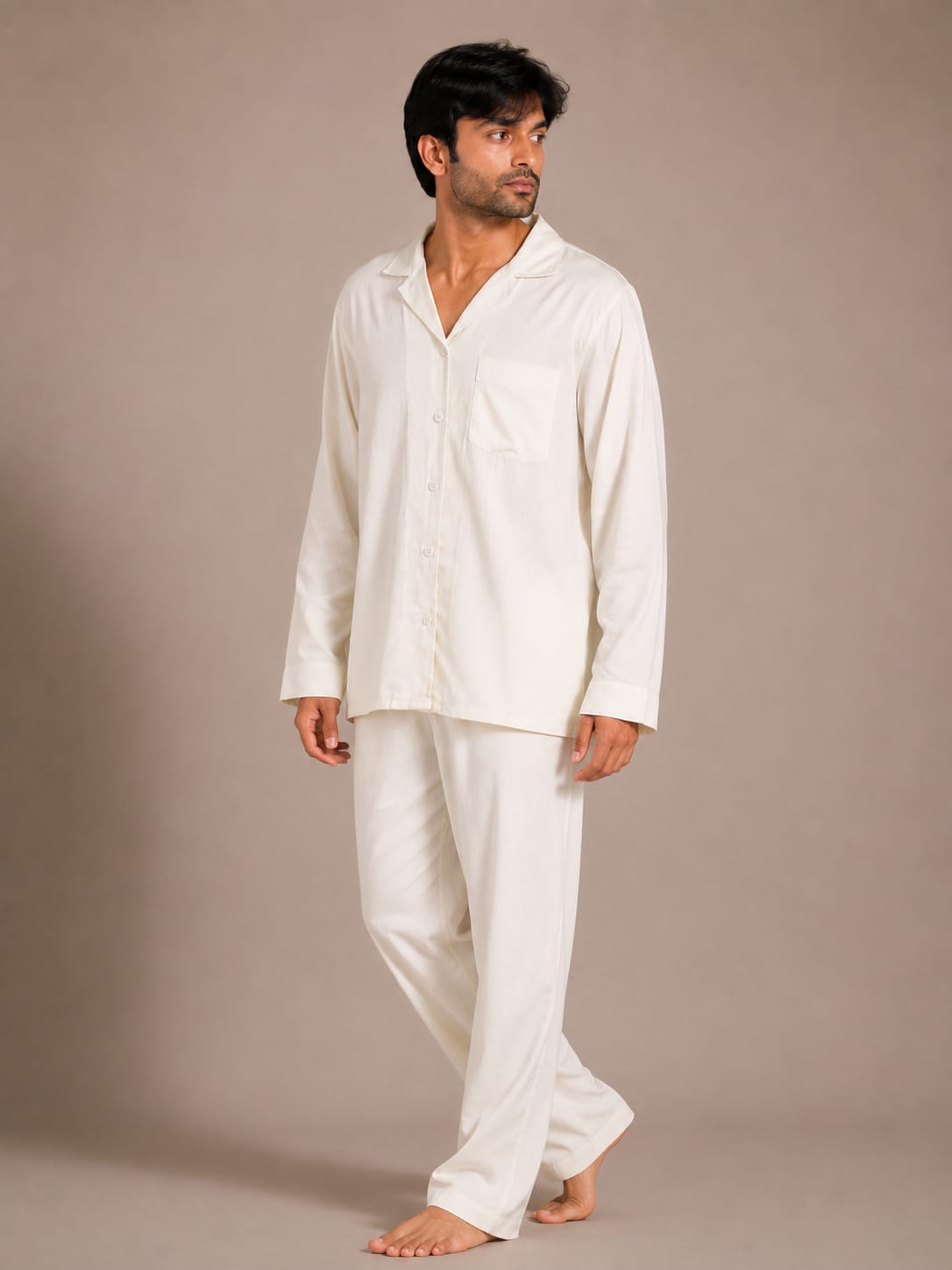 Ivory Breeze Luxury Linen Men’s Night Suit – Solid Off-White Cuban Collar Loungewear Shirt Set