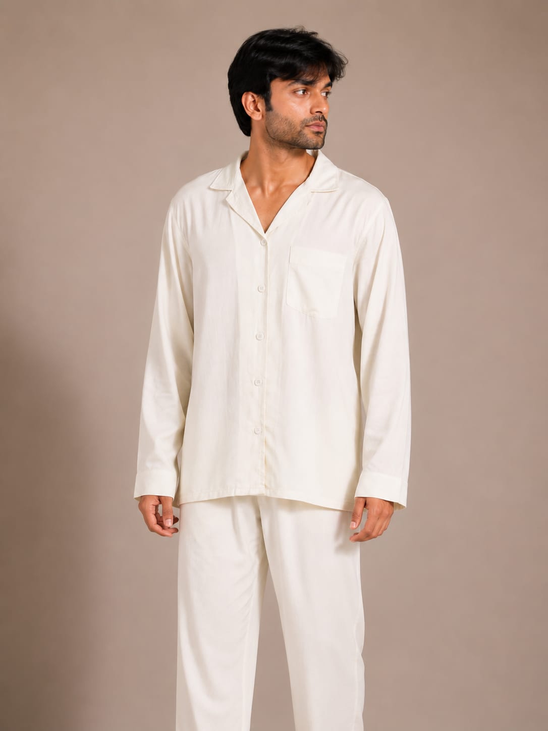 Ivory Breeze Luxury Linen Men’s Night Suit – Solid Off-White Cuban Collar Loungewear Shirt Set
