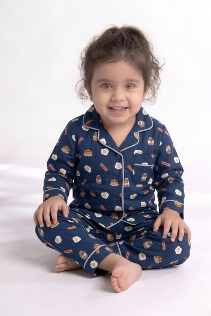 Breakfast Club – Navy Pancake & Eggs Printed Kids' Night Suit