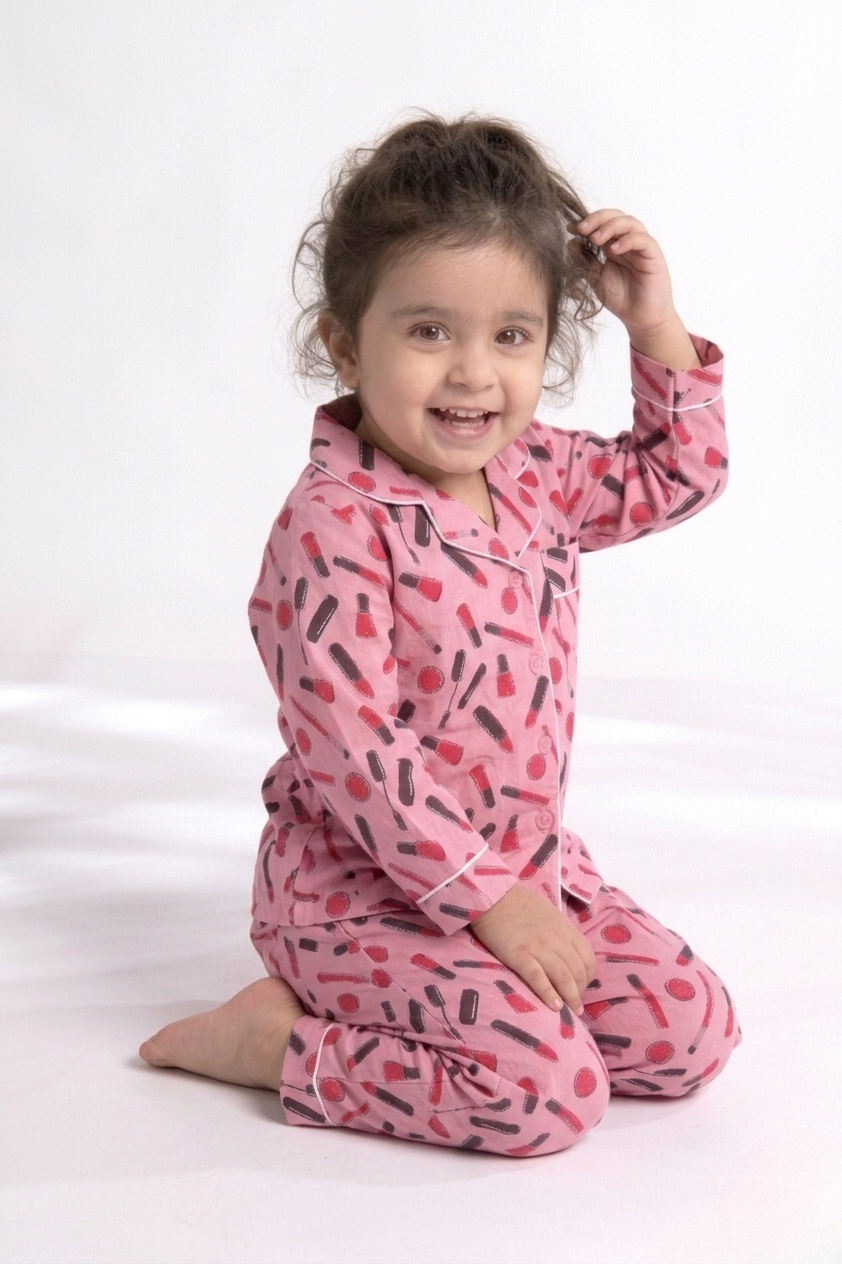 Little Glamour – Blush Makeup Print Cotton Kids' Night Suit